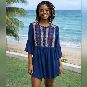 Peasant Boho Gauze Dress Blue Floral Embroidered Size XXS Ruffle Long Sleeve